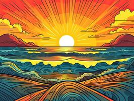 ilustração do mar panorama verão de praia com Palmeiras, barco, horizonte às pôr do sol. artoon estilo ilustração para t camisa Projeto. generativo ai. foto
