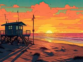 ilustração do mar panorama verão de praia com Palmeiras, barco, horizonte às pôr do sol. artoon estilo ilustração para t camisa Projeto. generativo ai. foto