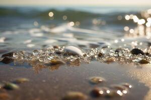 espirrando onda em arenoso costa com espumante brilho do sol em água. generativo ai. foto