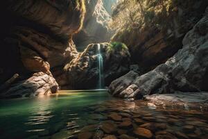 ótimo Visão em cascata com colorida céu durante pôr do sol. Maravilhoso natureza panorama. viagem é uma estilo de vida, conceito. Islândia popular Lugar, colocar do viagem e Turística localização. generativo ai. foto