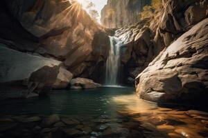 ótimo Visão em cascata com colorida céu durante pôr do sol. Maravilhoso natureza panorama. viagem é uma estilo de vida, conceito. Islândia popular Lugar, colocar do viagem e Turística localização. generativo ai. foto