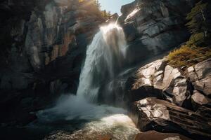 ótimo Visão em cascata com colorida céu durante pôr do sol. Maravilhoso natureza panorama. viagem é uma estilo de vida, conceito. Islândia popular Lugar, colocar do viagem e Turística localização. generativo ai. foto