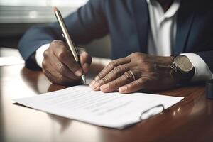 fechar-se do pessoa de negócios assinatura contrato, escrevendo papel às a escrivaninha com caneta e lendo livros às mesa com básico o negócio Formato documento trabalhando dentro escritório. generativo ai. foto