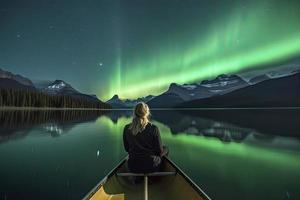 viajante mulher sentado em canoa com aurora boreal sobre espírito ilha dentro maligno lago às jaspe nacional parque, alberta, Canadá foto