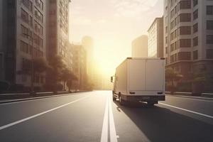 traseiro ângulo Visão do Entrega caminhão corre em a estrada com nascer do sol paisagem urbana, rápido entrega, carga logístico foto