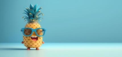 abacaxi com oculos de sol em azul fundo, verão período de férias conceito. generativo ai foto