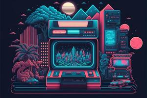 velho vídeo jogos console com panorama dentro a fundo, 16 mordeu pixel arte. digital ilustração. ai foto