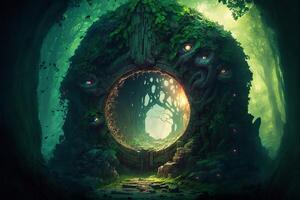 místico portal dentro a floresta, verde névoa. generativo ai foto
