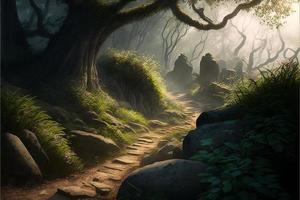 denso floresta com pedra caminho, Sol raios e névoa. digital ilustração. ai foto