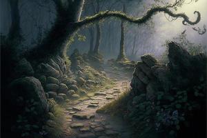 denso floresta com pedra caminho, Sol raios e névoa. digital ilustração. ai foto