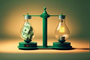 balanças com luz lâmpada em 1 lado e dinheiro em a outro, conceito do Ideias e inovação, fundo. digital ilustração. ai foto