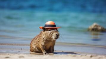 ai gerado fofa capivara dentro laranja chapéu em repouso em costa do mar ou rio animais tema Hydrochoerus hydrochaeris generativo ai foto