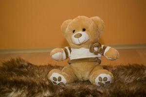 ampla Castanho Urso de pelúcia Urso sentado em ovelha roupas em a laranja fundo foto