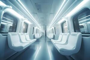 futurista trem interior dentro visualizar. futurista trem interior com esvaziar assentos. generativo ai. foto
