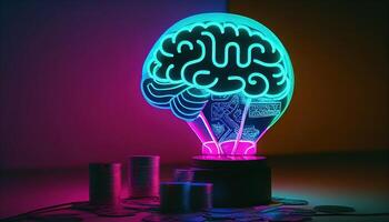 ai generativo ilustração colagem com cérebro luminária lâmpada com néon luzes e moedas dinheiro. idéia e criatividade conceito foto