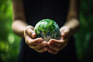 generativo ai ilustração do verde saudável planeta terra dentro criança mãos foto