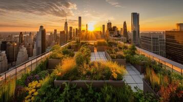 generativo ai ilustração do uma telhado jardim dentro uma metrópole às pôr do sol foto