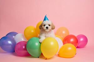 generativo ai ilustração do uma fofa cachorro dentro frente do festa balões foto