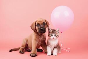 generativo ai ilustração do uma cachorro e uma gatinho ao lado uma Rosa balão foto