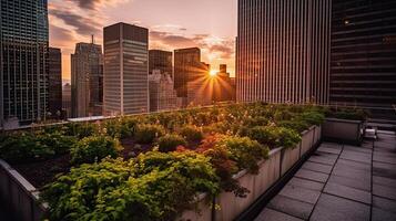 generativo ai ilustração do uma telhado jardim dentro uma metrópole às pôr do sol foto