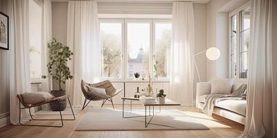generativo ai ilustração do uma vivo quarto mobiliado dentro uma escandinavo estilo foto