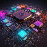 3d Renderização CPU ou processador chipset em placa mãe eletrônico dispositivo e o circuito quadro, generativo ai conceito tecnologia colorida fundo. foto