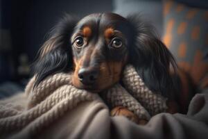 uma jovem dachshund cachorro debaixo uma cobertor. a animal é aquecendo debaixo a xadrez. a conceito do carinhoso para animais de estimação. generativo ai. foto