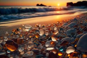 lindo de praia às pôr do sol cheio do mar vidro de praia seixos, areias e cartuchos dentro a costa fundo mar ondas pôr do sol e céu. generativo ai foto