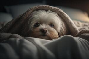 uma jovem maltês cachorro debaixo uma cobertor. a animal é aquecendo debaixo a xadrez. a conceito do carinhoso para animais de estimação. generativo ai. foto