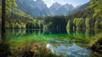 lindo verde floresta com uma lago e neve limitado montanhas dentro a fundo. generativo ai. foto