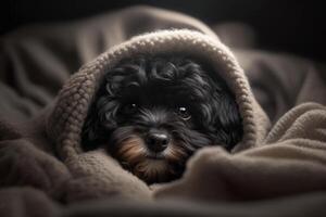 uma jovem maltipoo cachorro debaixo uma cobertor. a animal é aquecendo debaixo a xadrez. a conceito do carinhoso para animais de estimação. generativo ai. foto