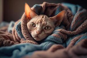 gatinho debaixo uma cobertor. a gato é em repouso caloroso debaixo a xadrez. generativo ai. foto