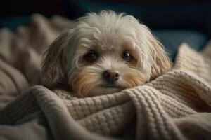 uma jovem maltipoo cachorro debaixo uma cobertor. a animal é aquecendo debaixo a xadrez. a conceito do carinhoso para animais de estimação. generativo ai. foto