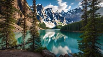 lindo verde floresta com uma lago e neve limitado montanhas dentro a fundo. generativo ai. foto