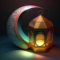 islâmico Ramadã feriado bandeira com brilhando lanterna lua e mesquita janela portal generativo ai foto