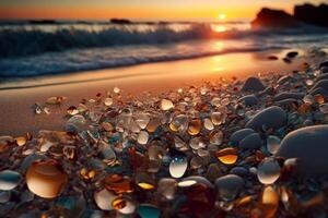 lindo de praia às pôr do sol cheio do mar vidro de praia seixos, areias e cartuchos dentro a costa fundo mar ondas pôr do sol e céu. generativo ai foto