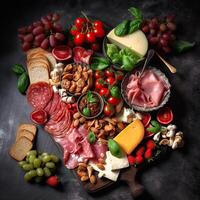 antipasto prato com presunto, prosciutto, salame, queijo, tomate, morangos e legumes em Sombrio fundo. aperitivos mesa com italiano antipasti lanches. topo visualizar. generativo ai. foto