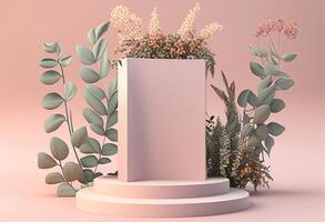 3d render do mínimo exibição pódio com tropical plantas e flores generativo ai foto