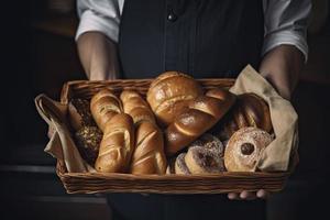 padaria - vários tipos do pão em a rústico bandeja dentro padeiro mãos. pão rolos, baguete, doce pão e croissant - fechar-se foto