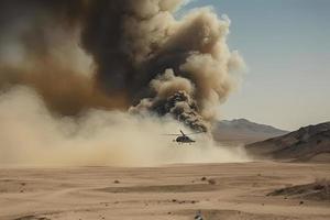militares helicóptero cruzes cruzes fogo e fumaça dentro a deserto, Largo poster Projeto foto