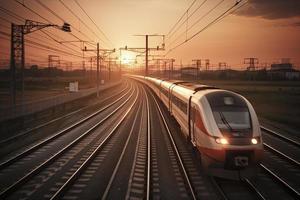 Alto Rapidez trem dentro movimento em a estrada de ferro estação às pôr do sol foto