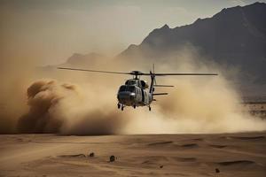 militares helicóptero cruzes cruzes fogo e fumaça dentro a deserto, Largo poster Projeto foto