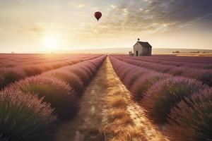 sem fim lavanda campo com pequeno galpão e vôo quente ar balão às uma nascer do sol Tempo dentro Valensole, Provença, França foto