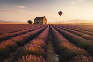 sem fim lavanda campo com pequeno galpão e vôo quente ar balão às uma nascer do sol Tempo dentro Valensole, Provença, França foto