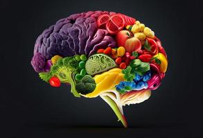 humano cérebro fez do legumes e frutas em Preto fundo. 3d ilustração foto