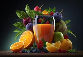 misturar fruta suco dentro uma vidro com fresco frutas generativo ai foto