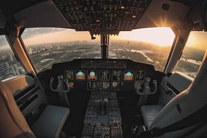 cockpit do moderno passageiro jato aeronaves. pilotos às trabalhar. aéreo Visão do moderno cidade o negócio distrito e pôr do sol céu foto