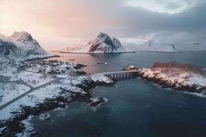 aéreo Visão do lofoten ilhas dentro inverno às pôr do sol dentro Noruega. panorama com azul mar foto