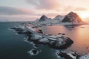 aéreo Visão do lofoten ilhas dentro inverno às pôr do sol dentro Noruega. panorama com azul mar foto