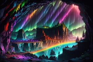 uma arco Iris brilha sobre uma caverna com uma arco Iris dentro a fundo ai gerado foto